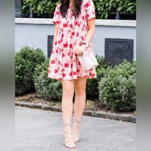 ASTR the Label hibiscus mini dress. Off-white in red floral print.